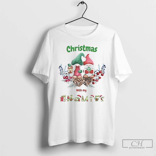 Classic Christmas With My Gnomies Pinecones And Holly Watercolor White T Shirts