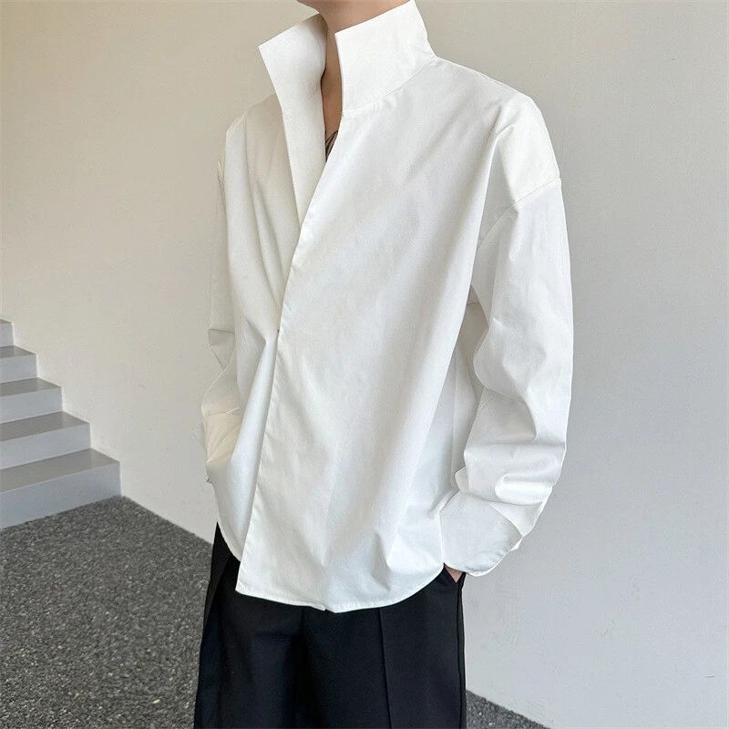 New Mens Casual Loose Simple Irregular Stand Collar Long Sleeve Shirt Tops Party