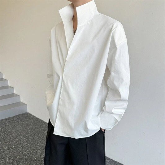New Mens Casual Loose Simple Irregular Stand Collar Long Sleeve Shirt Tops Party