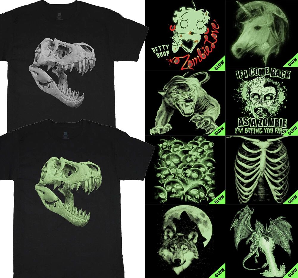 Glow In the Dark T-shirt Mens Halloween Costume Skeleton Skull T-Rex Zombie Tee
