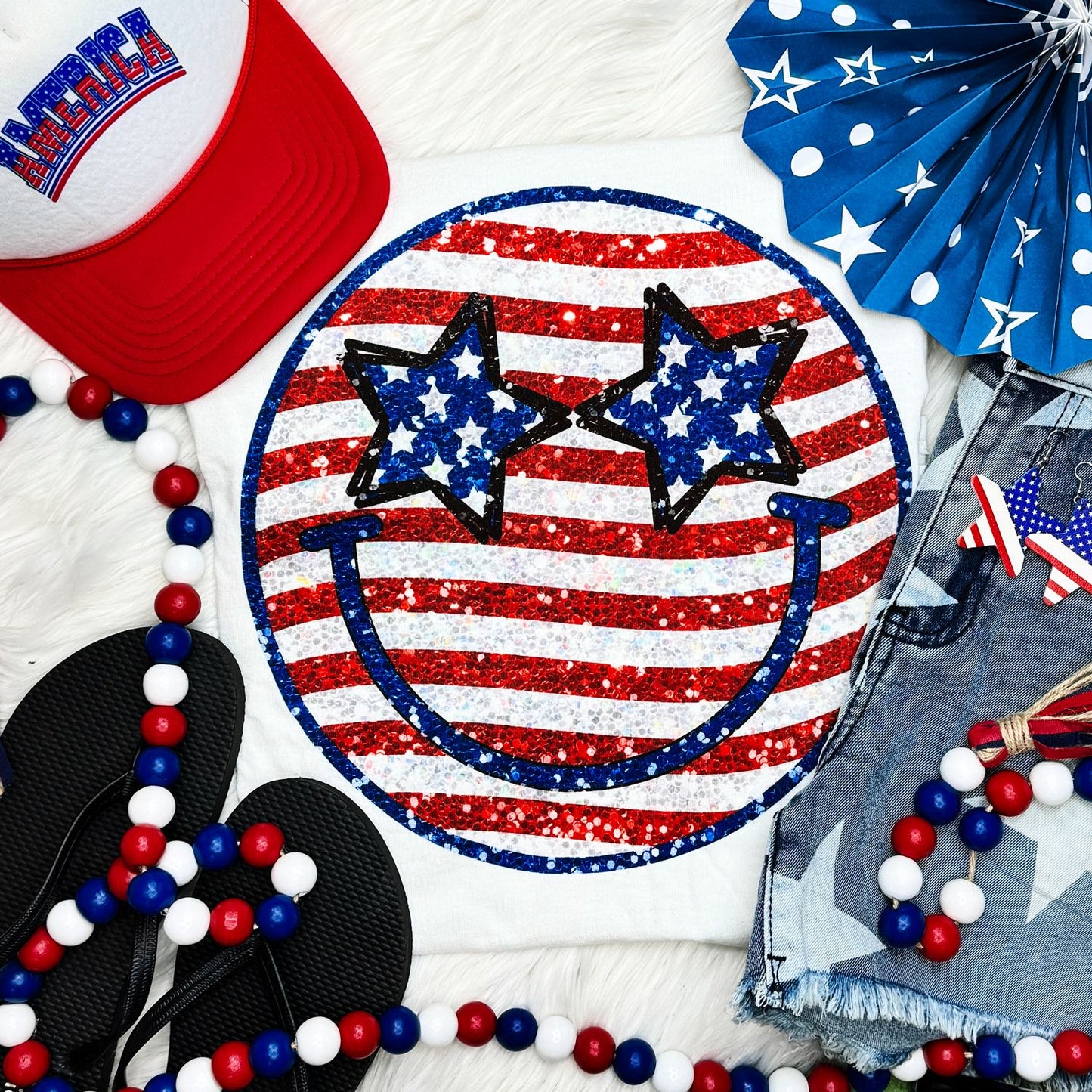Faux Sequins Stars & Stripes Happy Face Tee
