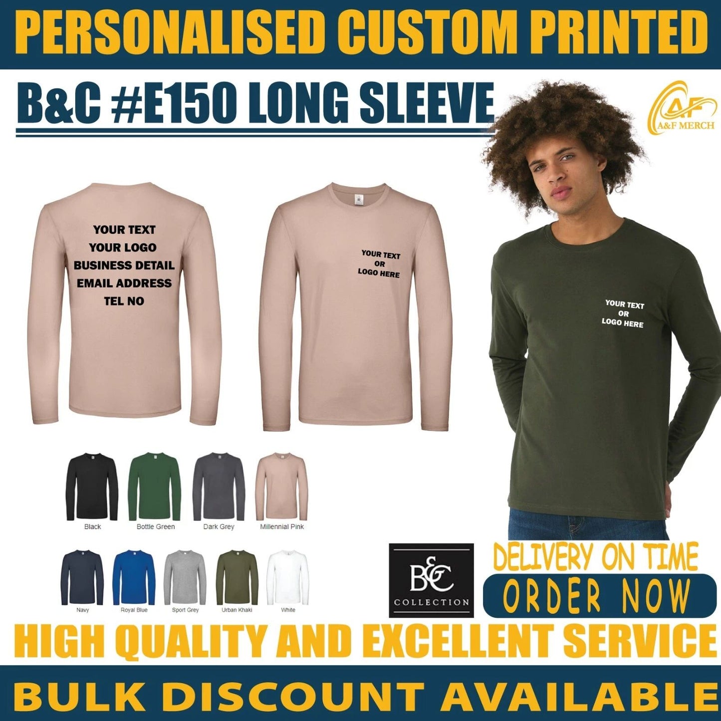 Personalised Custom B&C #E150 Long Sleeve T-shirt Training Casual Cotton BA211