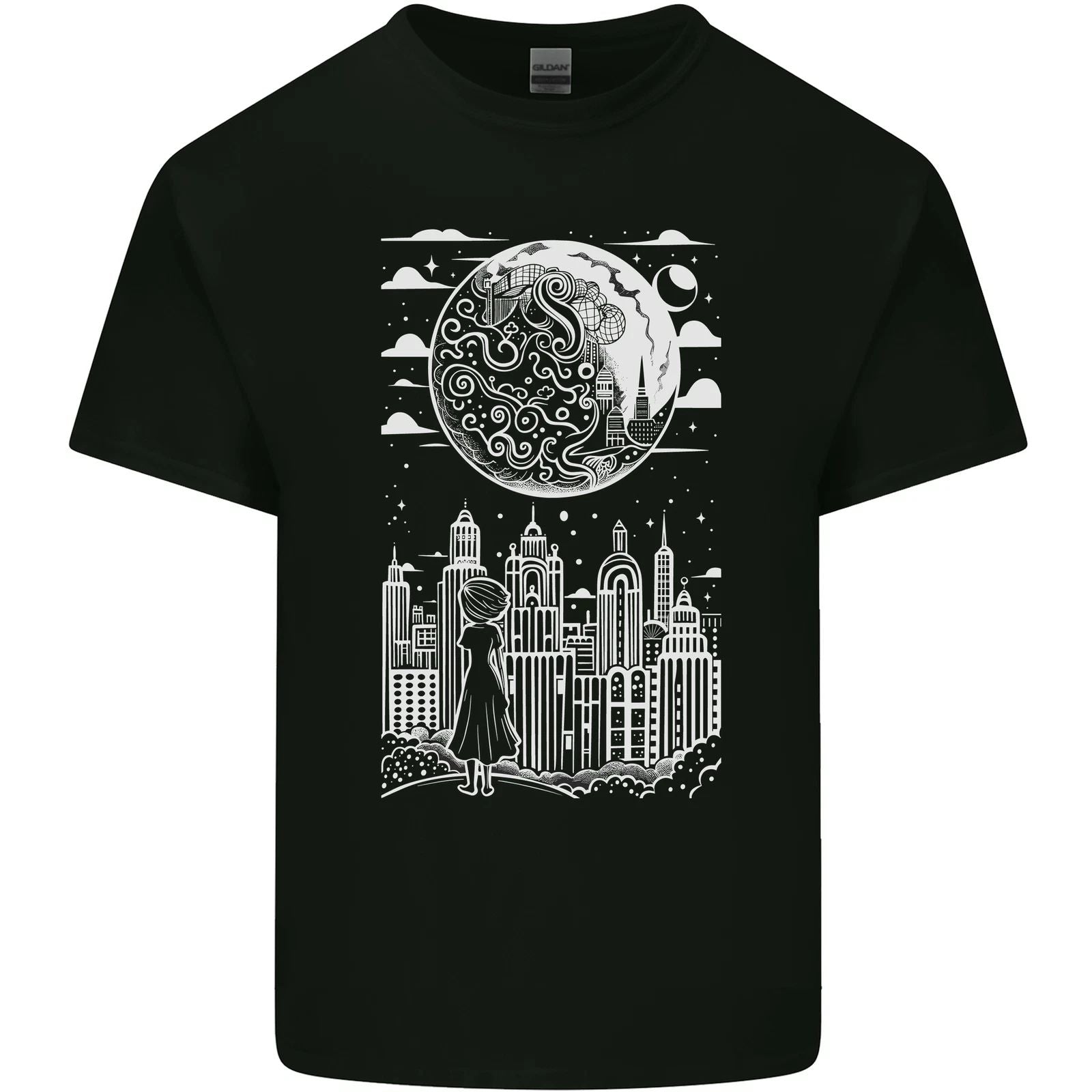 Fantasy City Black and White City Anime Mens Cotton T-Shirt Tee Top
