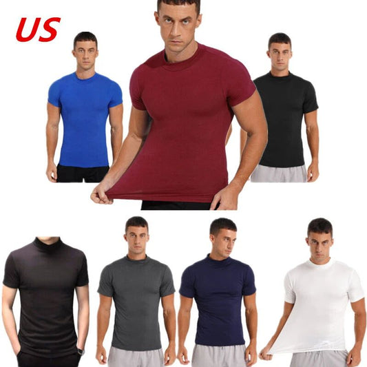 Men's Short Sleeve T-shirt Casual Fit Basic Tops Mock Neck Pullover Undershirt