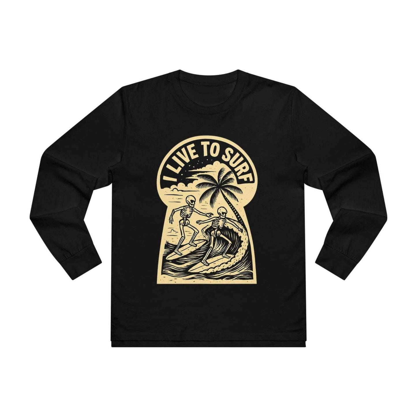 I Live To Surf Long Sleeve T-Shirt Skeletons Surfing Tee Surfer Gift Retro Style