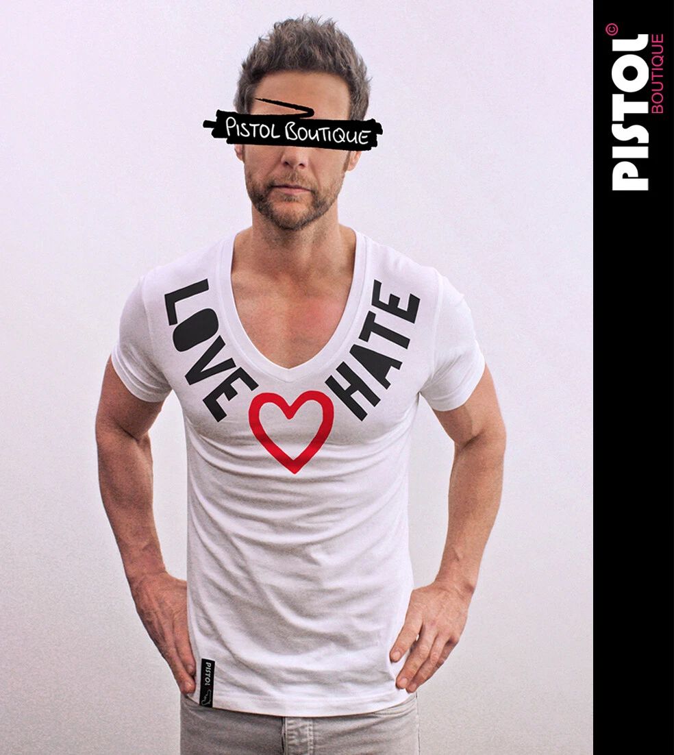 Pistol Boutique men's Fitted White Deep V neck LOVE HATE CHEST HEART T-shirt