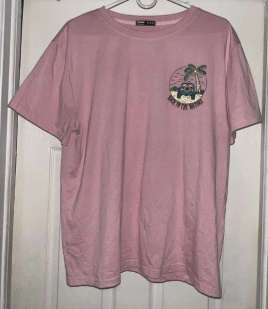 Romwe Shirt Mens Large Pink Back To The Nature Graphic Palm Tree Beach Car Tee
