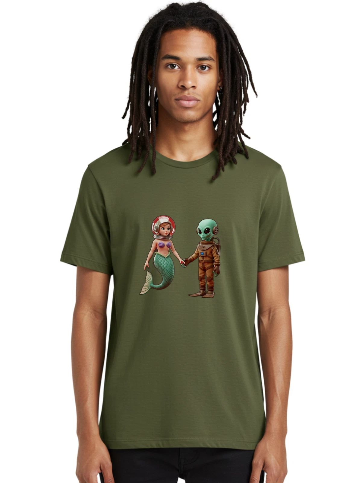 Mermaid-Alien-Couple-1 Mens Graphic Tee, 100% Cotton, Casual Summer Wear