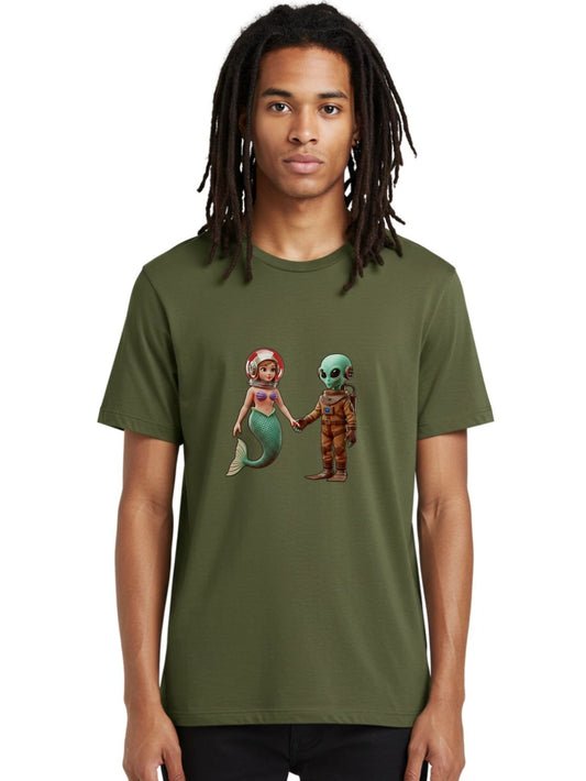 Mermaid-Alien-Couple-1 Mens Graphic Tee, 100% Cotton, Casual Summer Wear