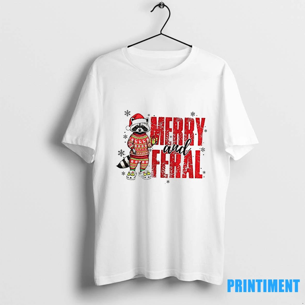 Funny Raccoon Santa Hat Merry And Feral Merry Christmas 2025 Tshirts Sweater