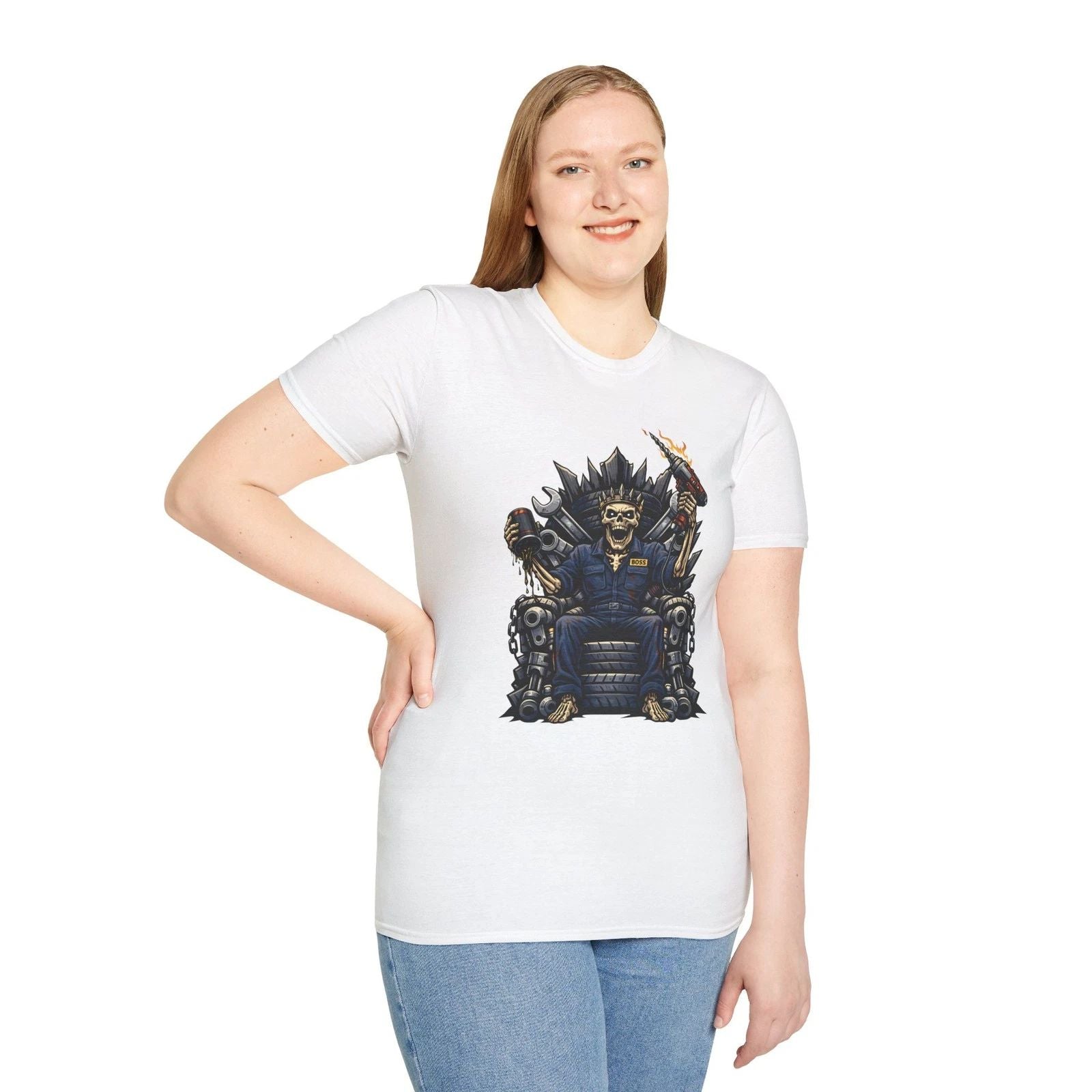 Skeleton Mechanic Throne Garage Dark Fantasy Skull King Unisex Softstyle T-Shirt