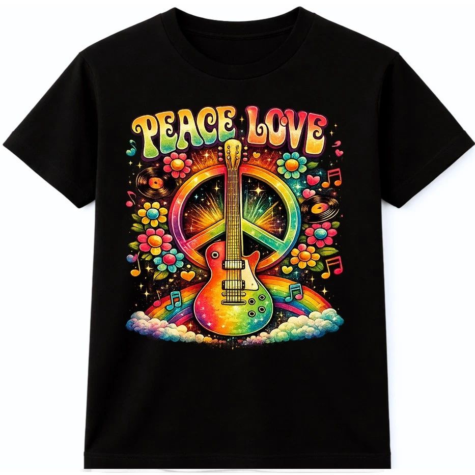 Music Festival T Shirt Peace Love Guitar Retro Hippie Boho Graphic Tee