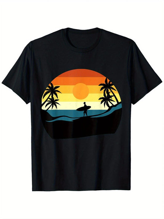 Men's Vintage Surf & Sunset Graphic T-Shirt - 100% Cotton, Short Sleeve, Crew