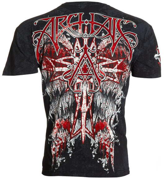 Archaic by Affliction Men's T-Shirt Carbon Wings Cross Biker