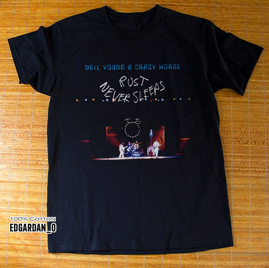 Neil Young - Rust Never Sleeps Album Rock Band Black T-shirt Size S-5XL