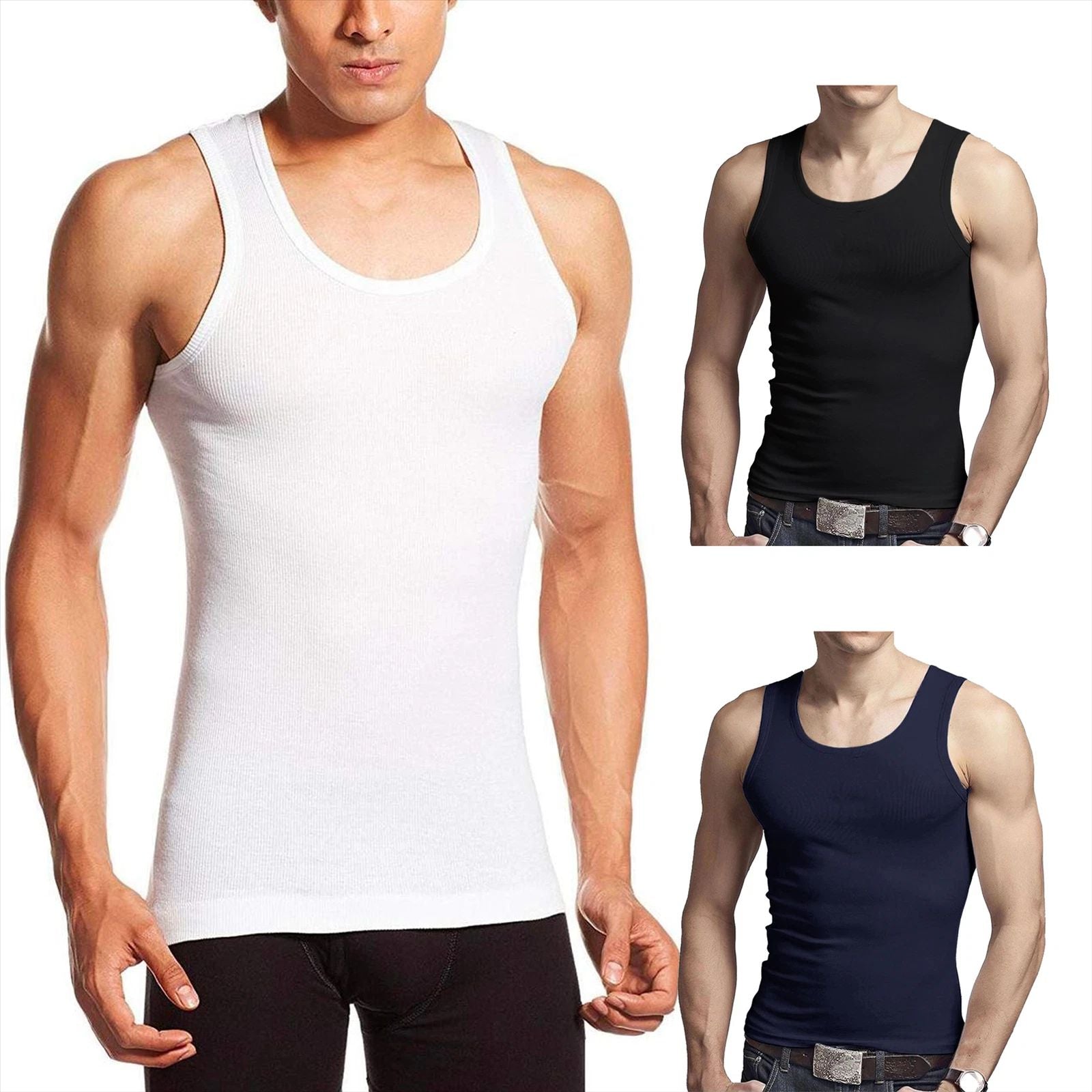 Mens Vests 3 of Pack 100% Pure Cotton Gym Top Summer Training Gym Athletic Tank
