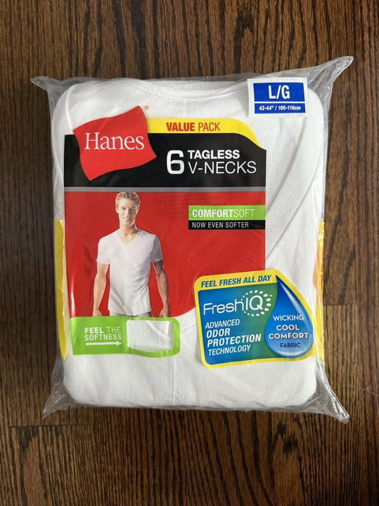 6 Hanes Tagless V-Neck T-Shirts Size Large,  White Comfort Soft, Fresh IQ, New