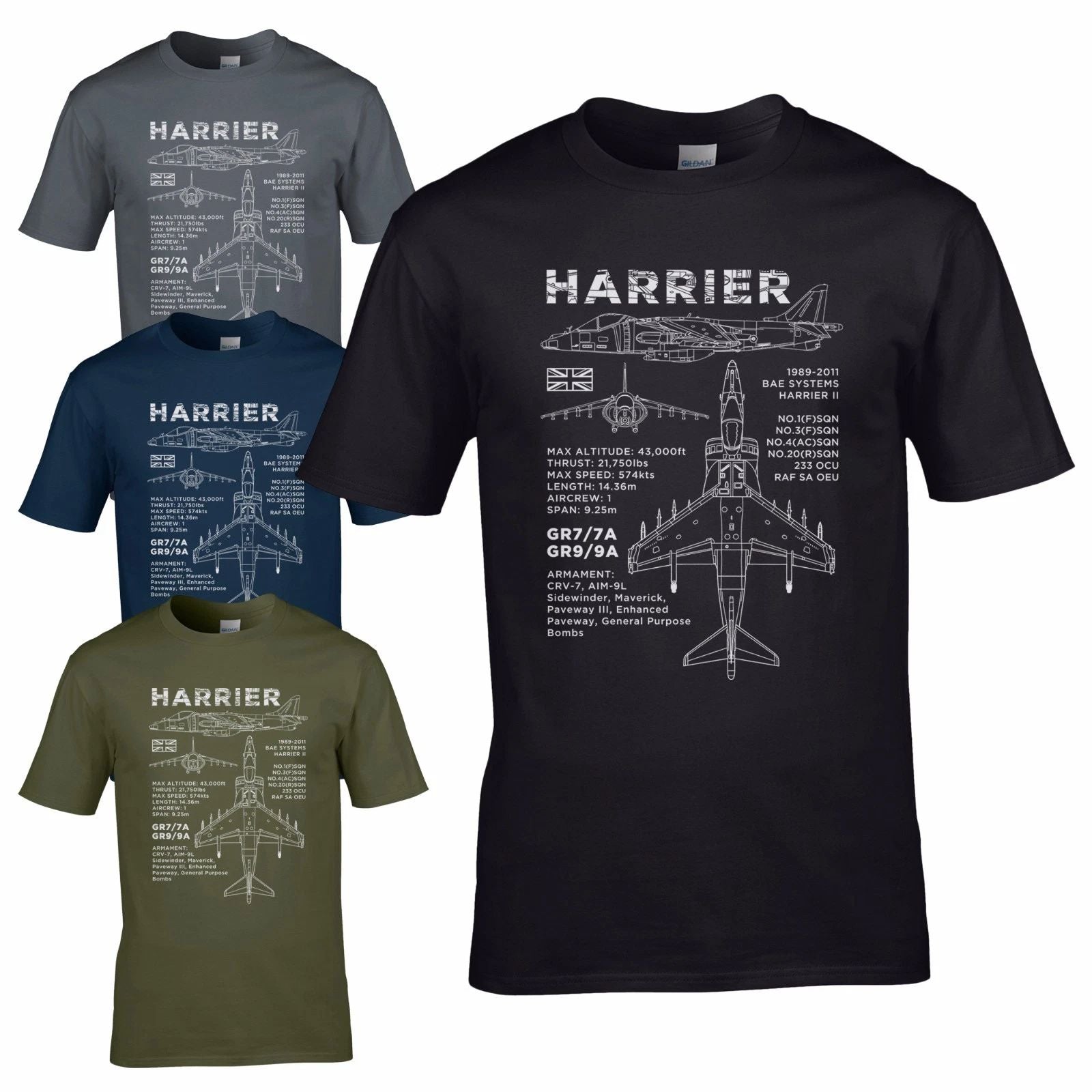 Harrier GR7 / 7A Blueprint T-Shirt GR9 / 9A BAE AV8B Aircraft RAF 1 3 4 20 SQN