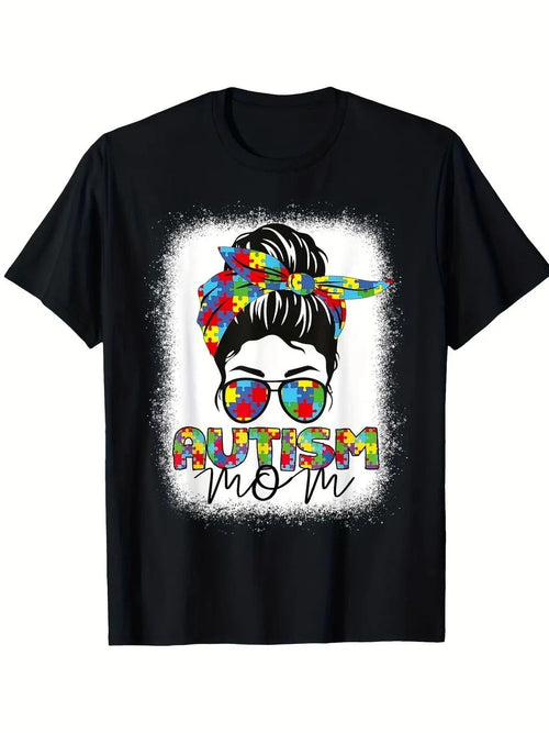 Autism Mom Life Messy Bun Graphic T-Shirt - Black Casual Short Sleeve Cotton Tee
