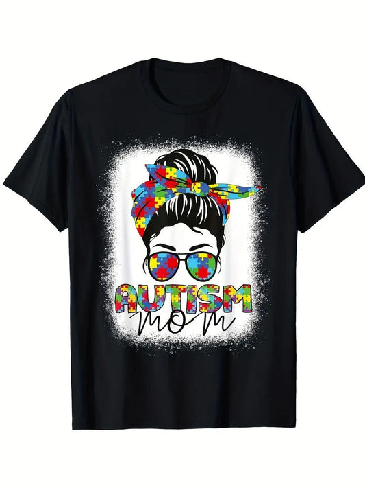Autism Mom Life Messy Bun Graphic T-Shirt - Black Casual Short Sleeve Cotton Tee
