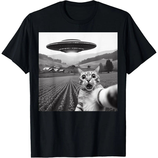 Cat Selfie With Alien UFO Space Humor Gift Graphic Unisex Shirt