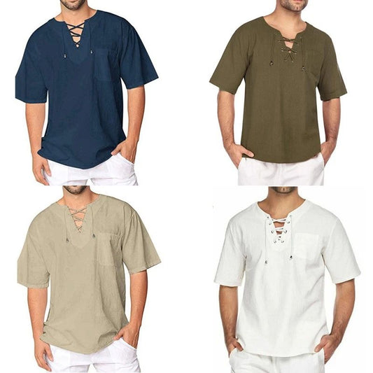 Cotton Linen Loose Tops V Short Mens Sleeve  Casual Neck  T-shirt  Up Lace