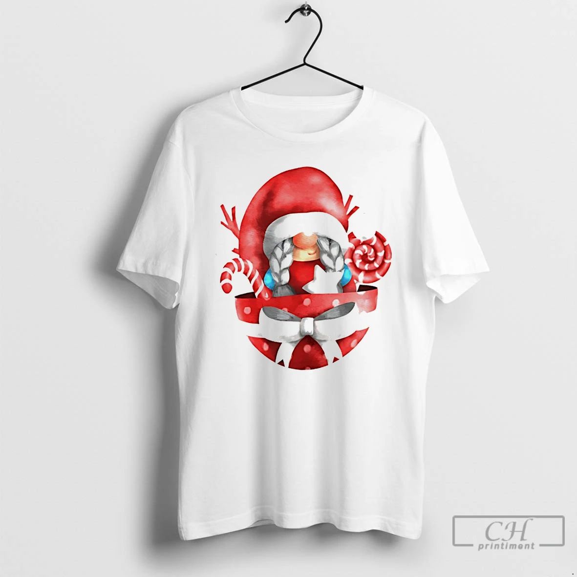 Classic Cute Gnome Girl In Gift Box Candy Cane Bow Christmas White T Shirts
