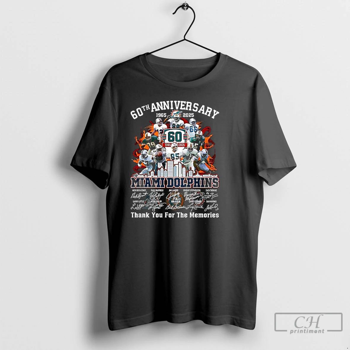 Classic Miami Dolphins 60th Anniversary 1965 2025 Thank You For The Memories Signature T Shirts
