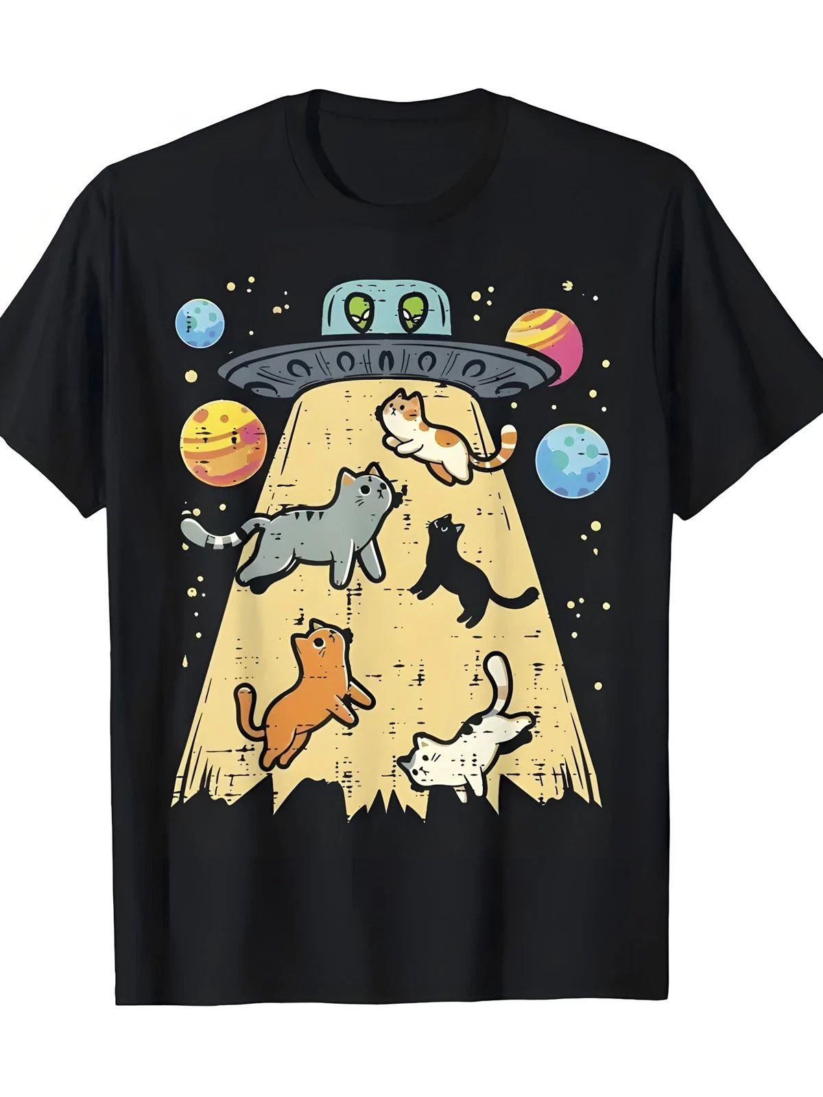 Men'S Retro Cartoon UFO Cat Abduction Graphic T-Shirt  Whimsical Design Featur