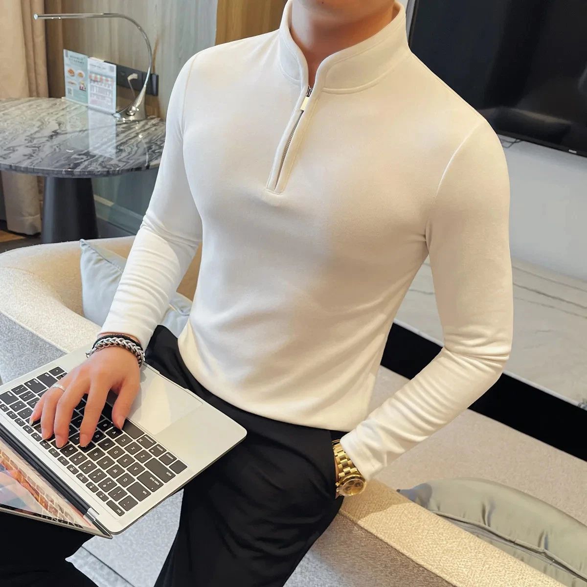 Men Half Zipper Long Sleeved T-shirt Thicken Slim Fit Elastic Versatile T-Shirt