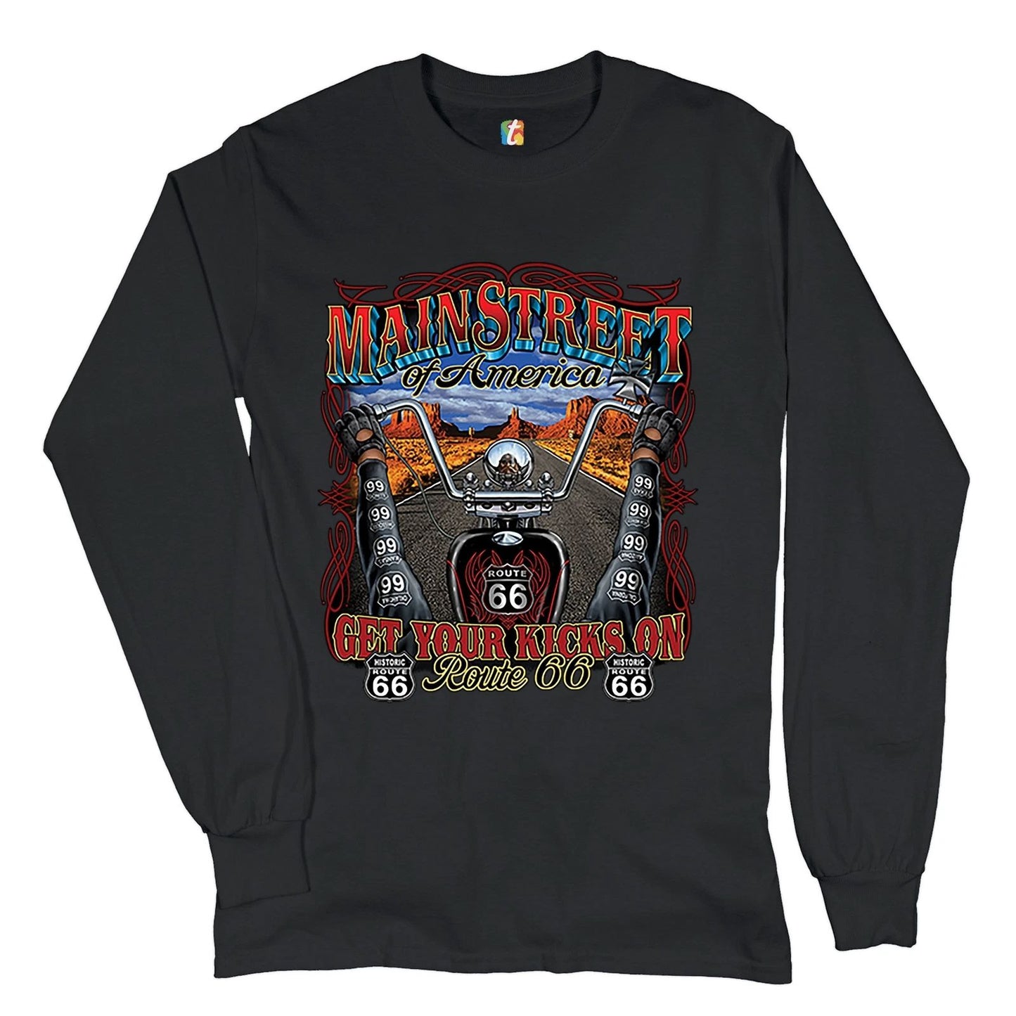 Main Street of America Long Sleeve T-shirt Get Your Kicks on Route 66 Biker