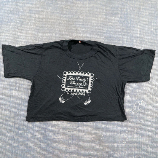 vintage The Lady's Choice shirt, size L, crop, 80s, All Male Review, stripper