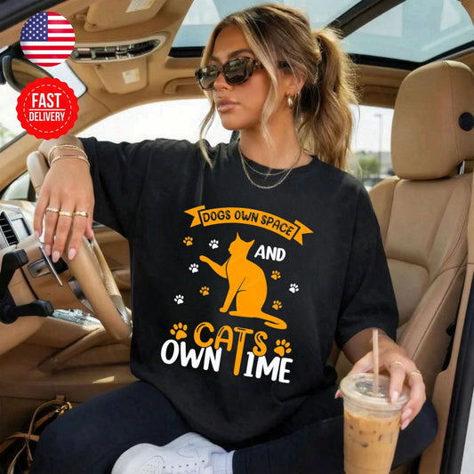 Cat Own Time T-Shirt Cute Kitty Lover Gift Graphic Tee S-4XL