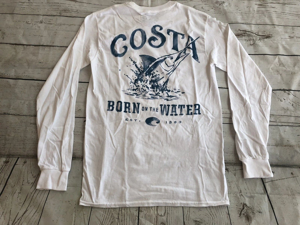 Costa Del Mar Costa Baja Long Sleeve T-Shirt, White , Small Born On The Water