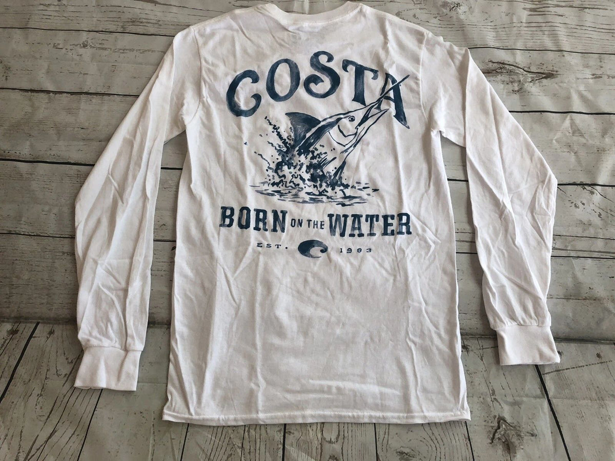 Costa Del Mar Costa Baja Long Sleeve T-Shirt, White , Small Born On The Water