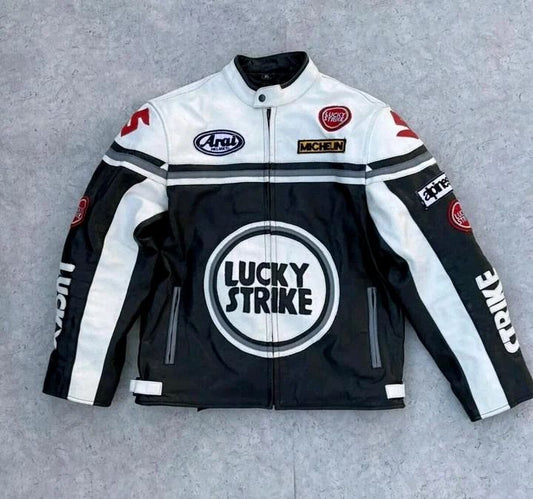 Men's Lucky Strike Motorcycle Vintage Retro Black  Leather  fashion Jacket