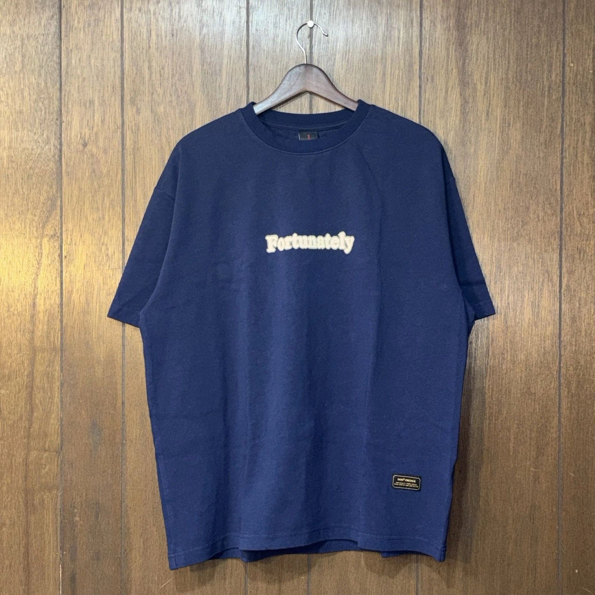 Mens Graphic T-Shirt Navy Blue "Fortunately" Minimalist Streetwear Size L
