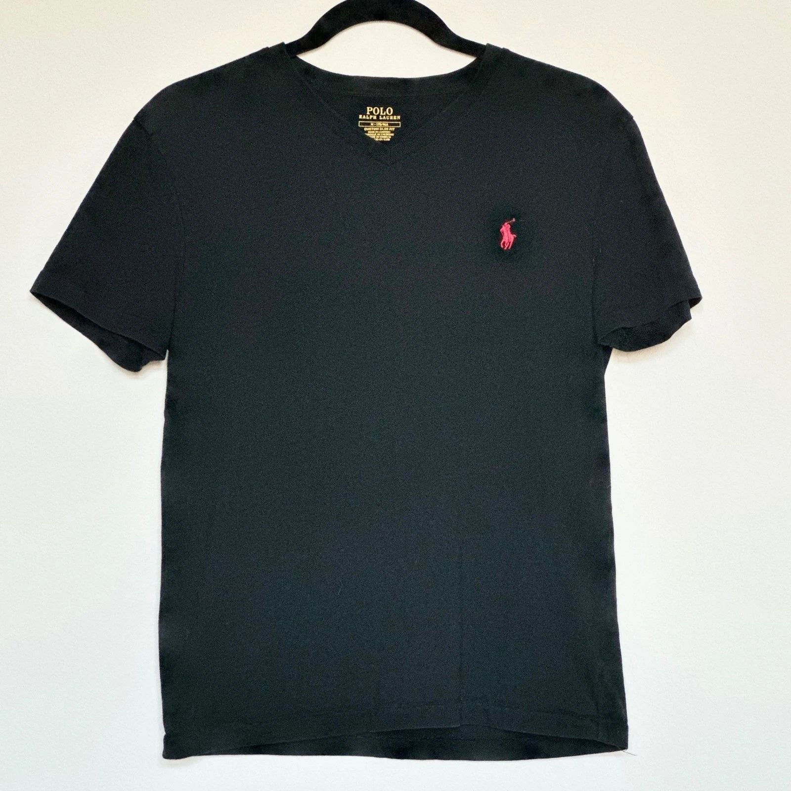 Polo Ralph Lauren Black V Neck Custom Slim Fit T Shirt Men's M Red Pony