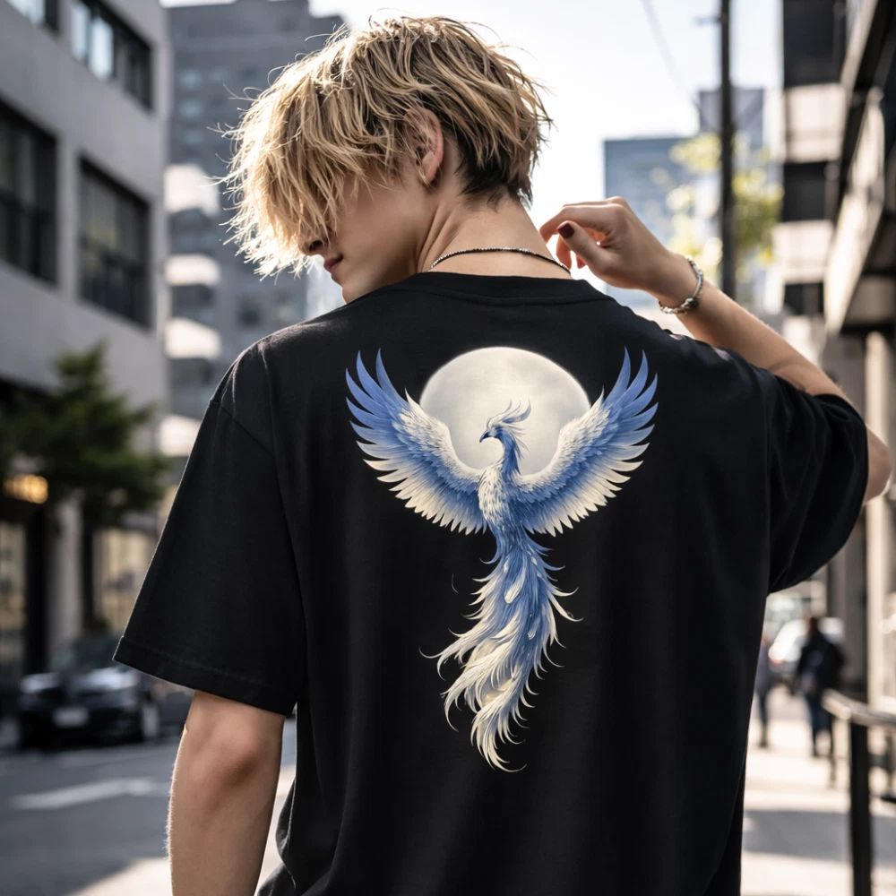 Shinora Phoenix Back Print T-Shirt Men Streetwear Moon Guardian Size M