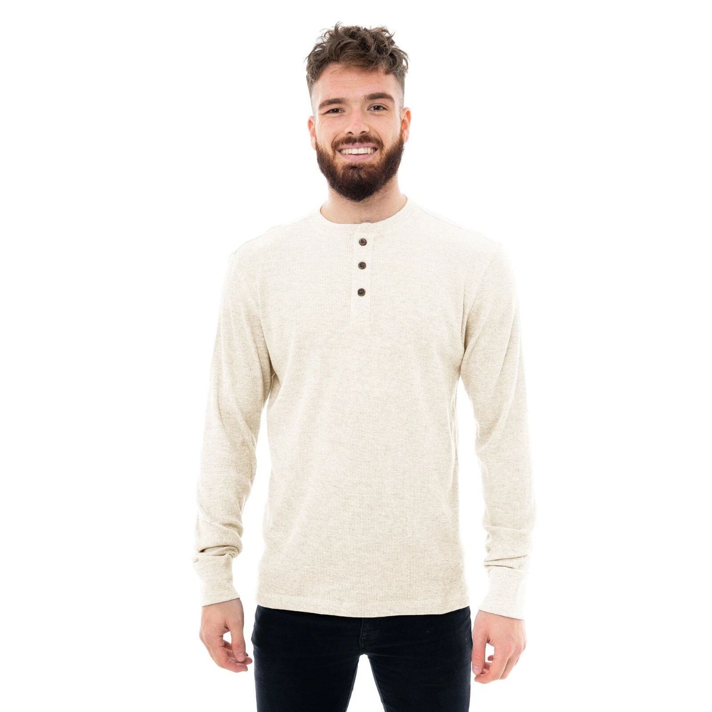 Mens Thermal Henley Jumper Top Grandad Neck Long Sleeve Waffle Knit T-Shirt New