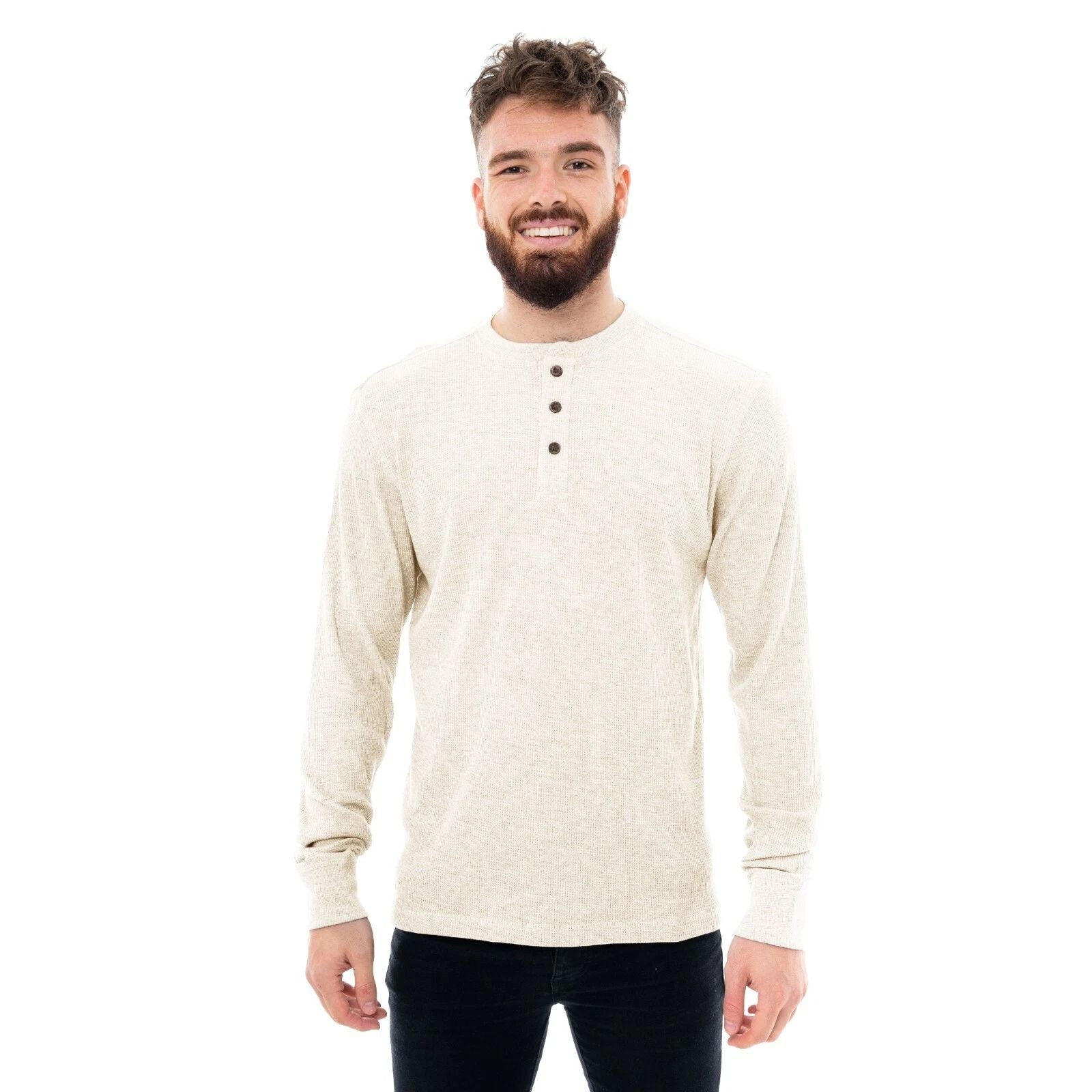 Mens Thermal Henley Jumper Top Grandad Neck Long Sleeve Waffle Knit T-Shirt New