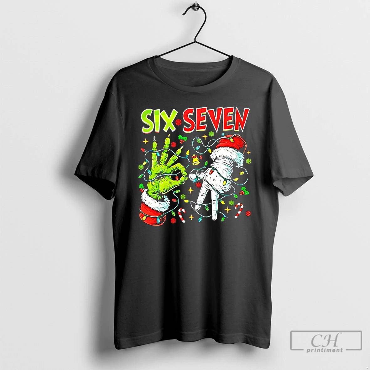 Classic Six Seven Grinch And Santa Hands Christmas Light T Shirts