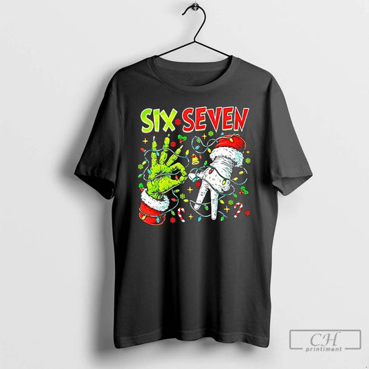 Classic Six Seven Grinch And Santa Hands Christmas Light T Shirts