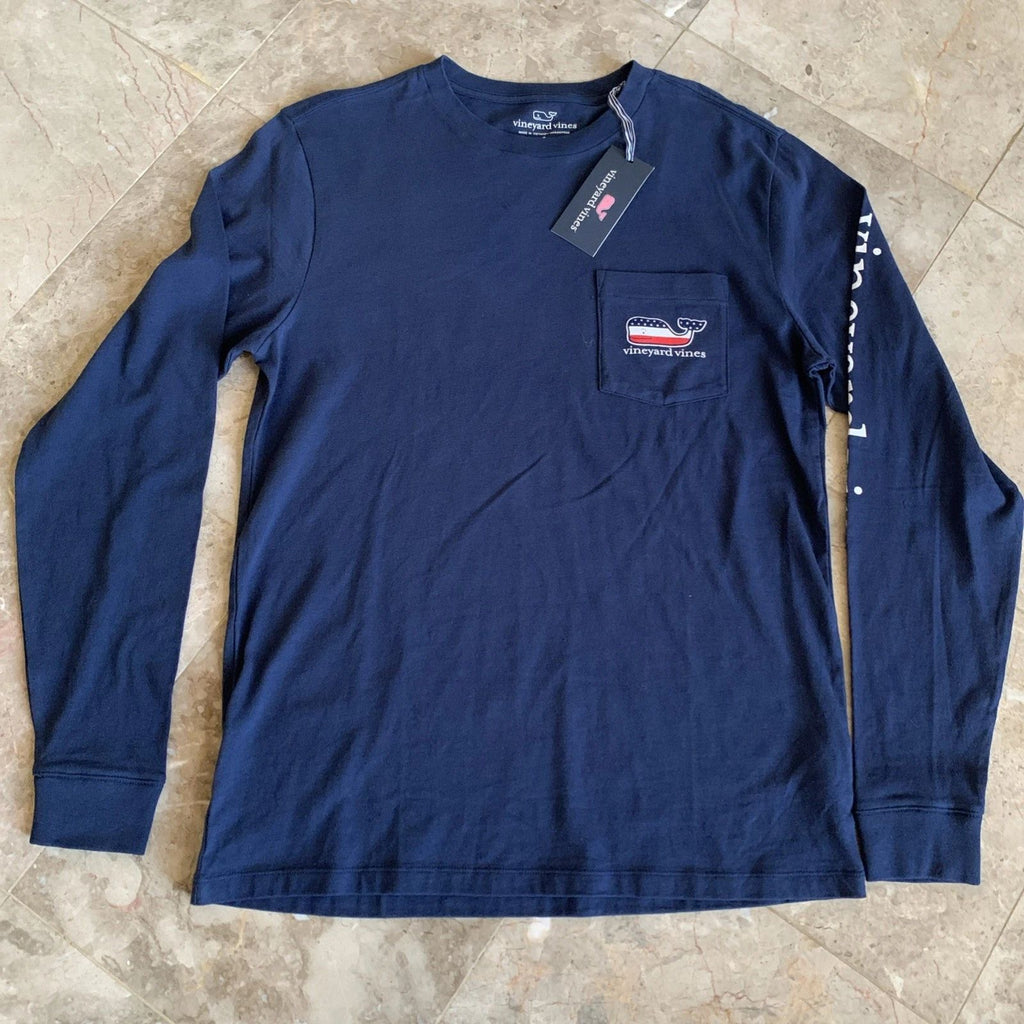 Vineyard Vines Men’s Flag Whale Long Sleeve Pocket T-shirt Navy Blue Cotton NWT