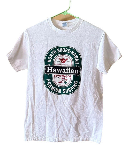 Hawaiian Style North Shore Shaka Surfing Surfboard Small White Cotton Tee