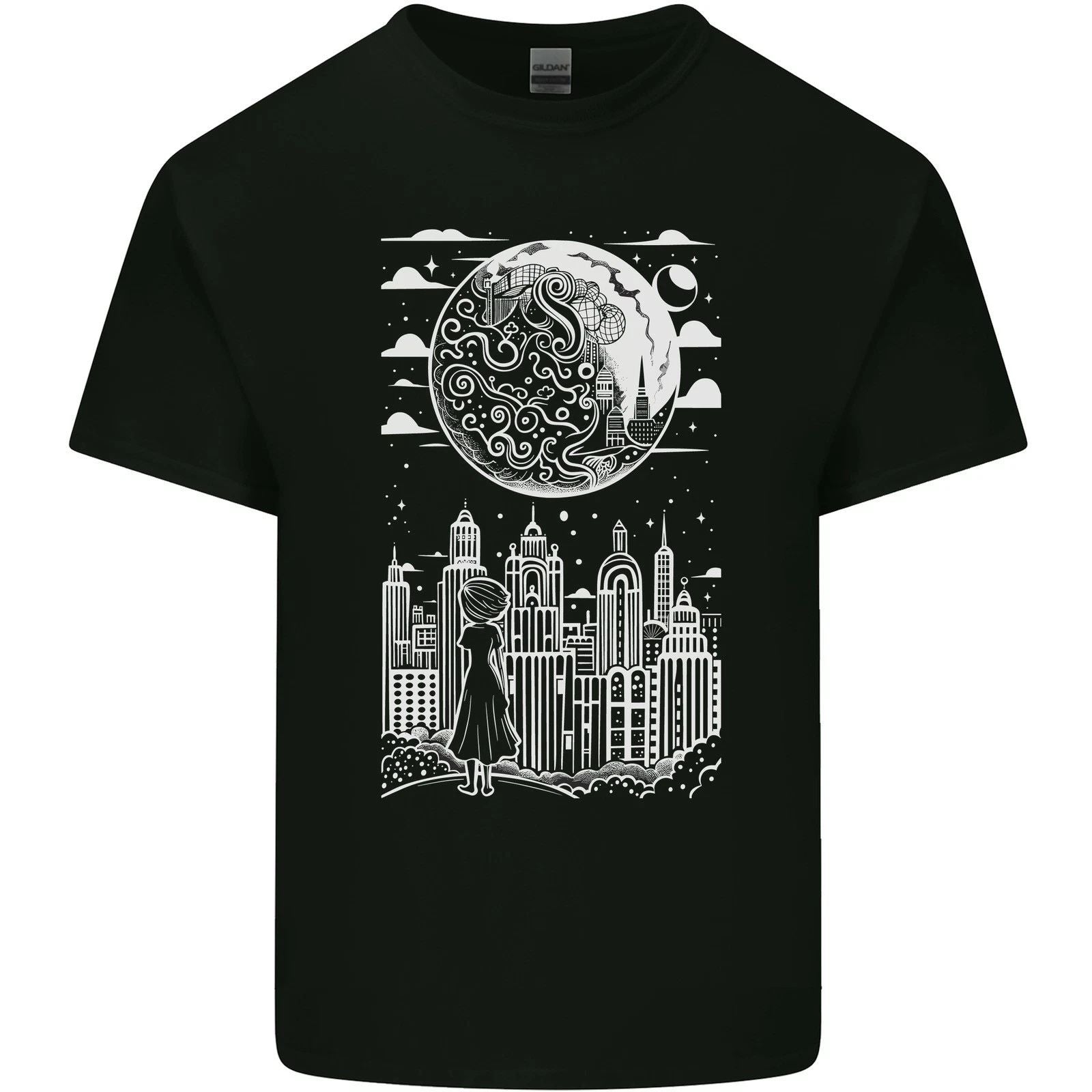 Fantasy City Black and White city Anime Mens Light Cotton T-Shirt