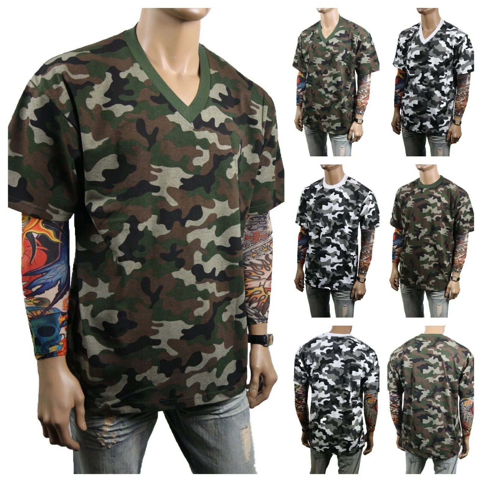 Men T-Shirt Crew Neck & V-Neck Military Camouflage Hunting Sports Outdoor S-5X