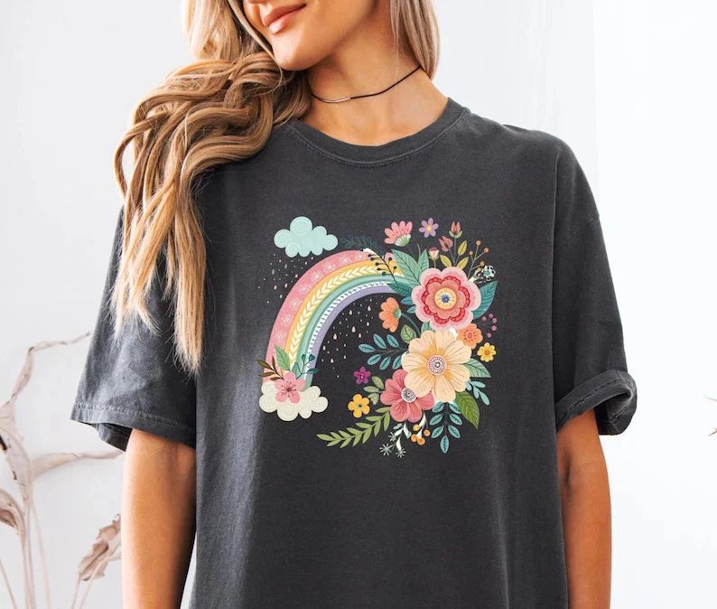 Boho Rainbow Floral Comfort Tee Shirt Aesthetic Vintage Style Gift
