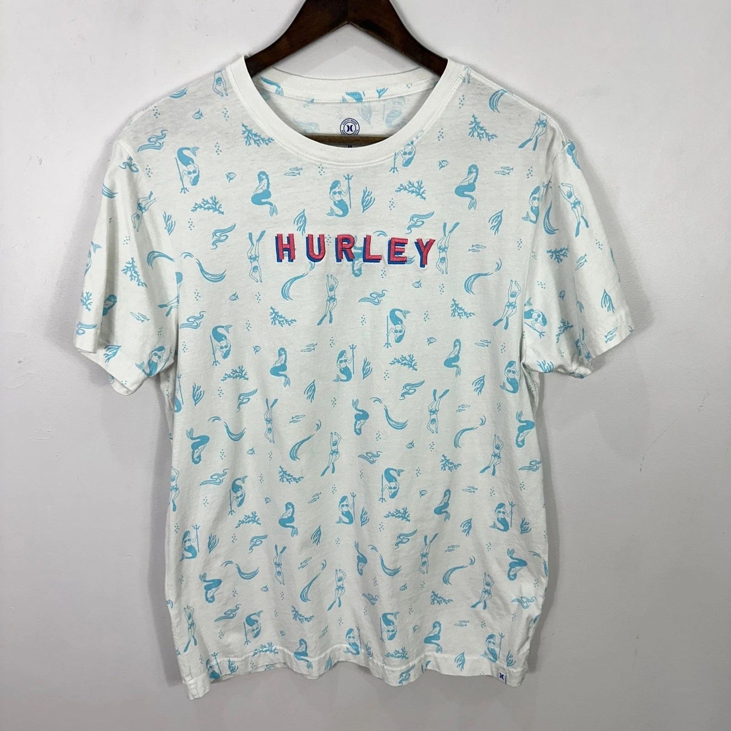 Hurley Mermaid Graphic Tee Mens Medium Coastal Y2K Surf Beach T-Shirt Skater