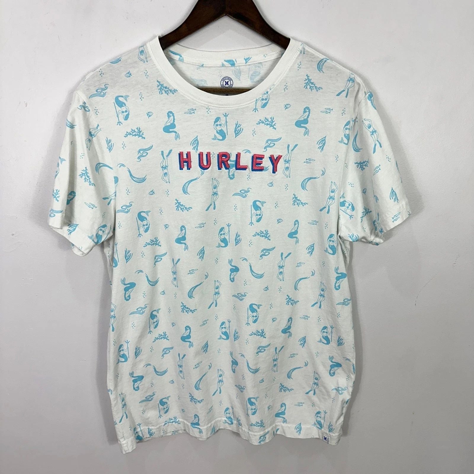 Hurley Mermaid Graphic Tee Mens Medium Coastal Y2K Surf Beach T-Shirt Skater